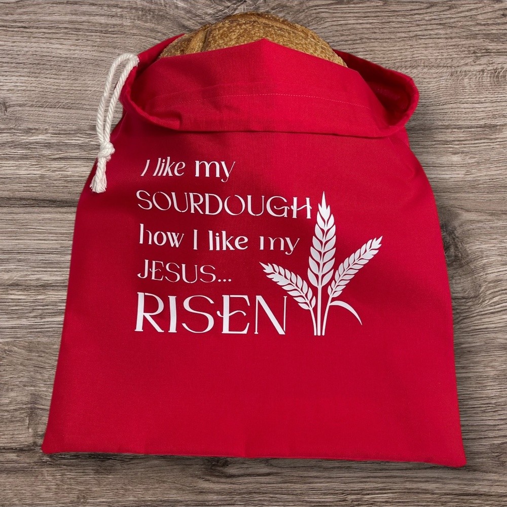 Red "... how I like my Jesus Risen" Farmhouse Linen Bread Bag, Rustic Handmade